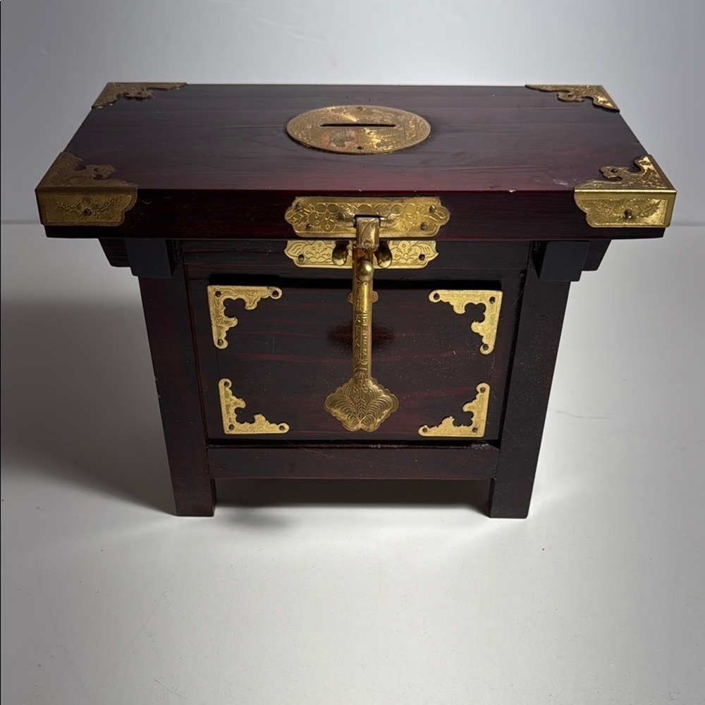 Vintage Asian style piggy bank Wooden Chest with Brass Accents